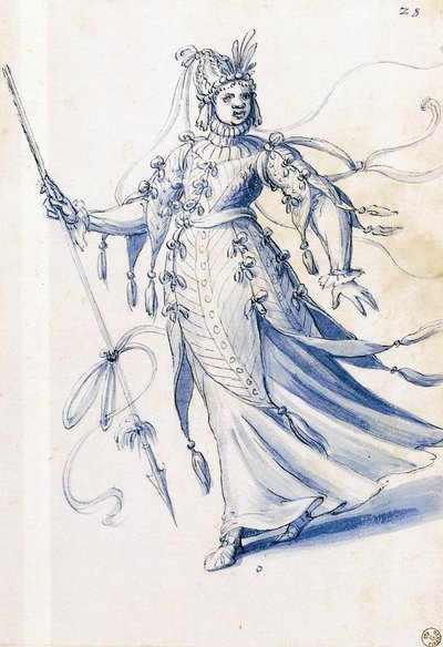 Disegno di costume di una donna con lancia da Giuseppe Arcimboldo